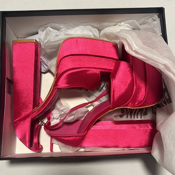 PLT Fuchsia Satin Double Sole Strap Platform Heels - Picture 3 of 6